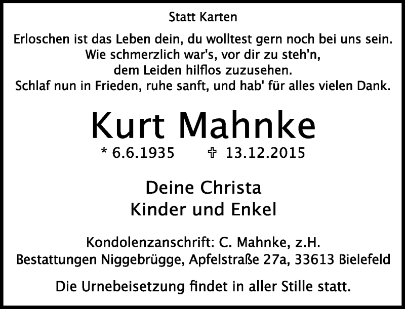  Traueranzeige für Kurt Mahnke vom 23.12.2015 aus Neue Westfälische