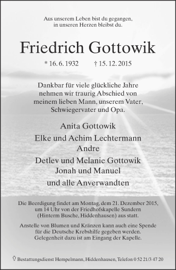 Traueranzeige von Friedrich Gottowik von Neue Westfälische