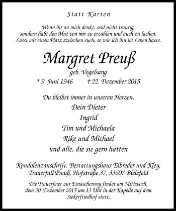 Traueranzeige von Margret Preuß von Neue Westfälische