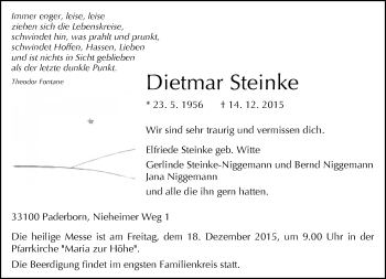 Traueranzeige von Dietmar Steinke von Neue Westfälische