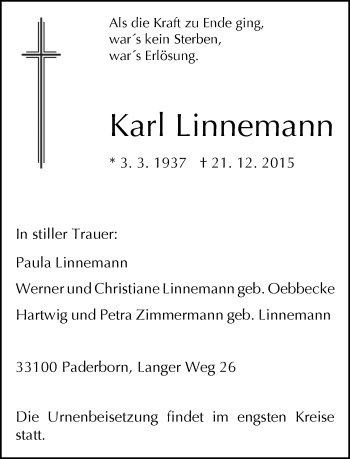 Traueranzeige von Karl Linnemann von Neue Westfälische