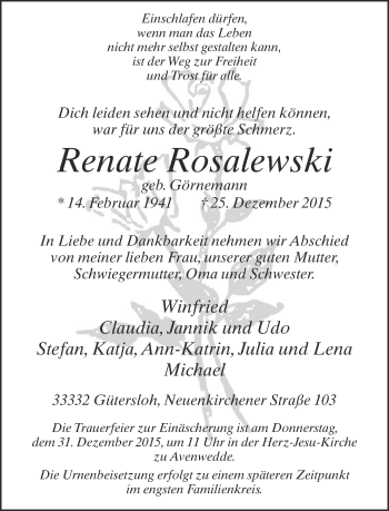Traueranzeige von Renate Rosalewski von Neue Westfälische