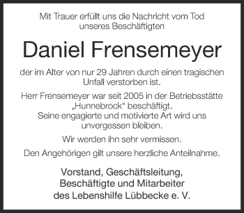 Traueranzeige von Daniel Frensemeyer von Neue Westfälische