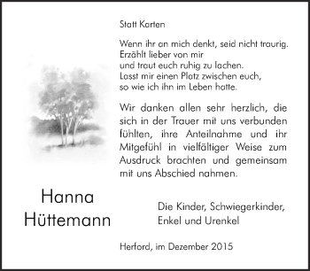 Traueranzeige von Hanna Hüttemann von Neue Westfälische