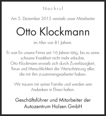 Traueranzeige von Otto Klockmann von Neue Westfälische