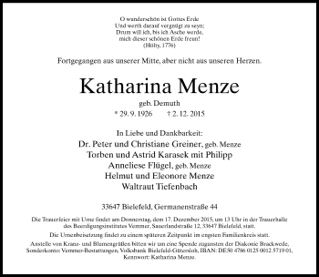 Traueranzeige von Katharina Menze von Neue Westfälische