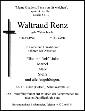Traueranzeige von Waltraud Renz von Neue Westfälische