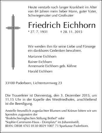 Traueranzeige von Friedrich Eichhorn von Neue Westfälische