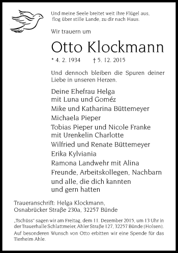 Traueranzeige von Otto Klockmann von Neue Westfälische