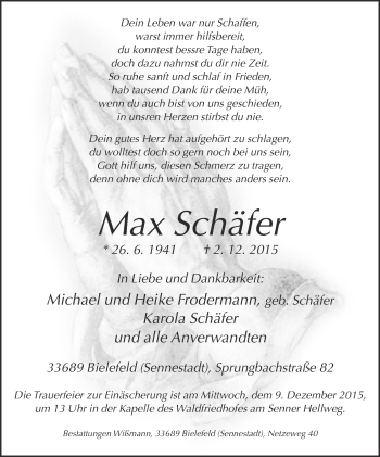 Traueranzeige von Max Schäfer von Neue Westfälische