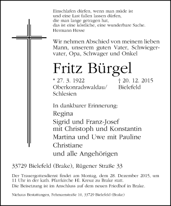 Traueranzeige von Fritz Bürgel von Neue Westfälische