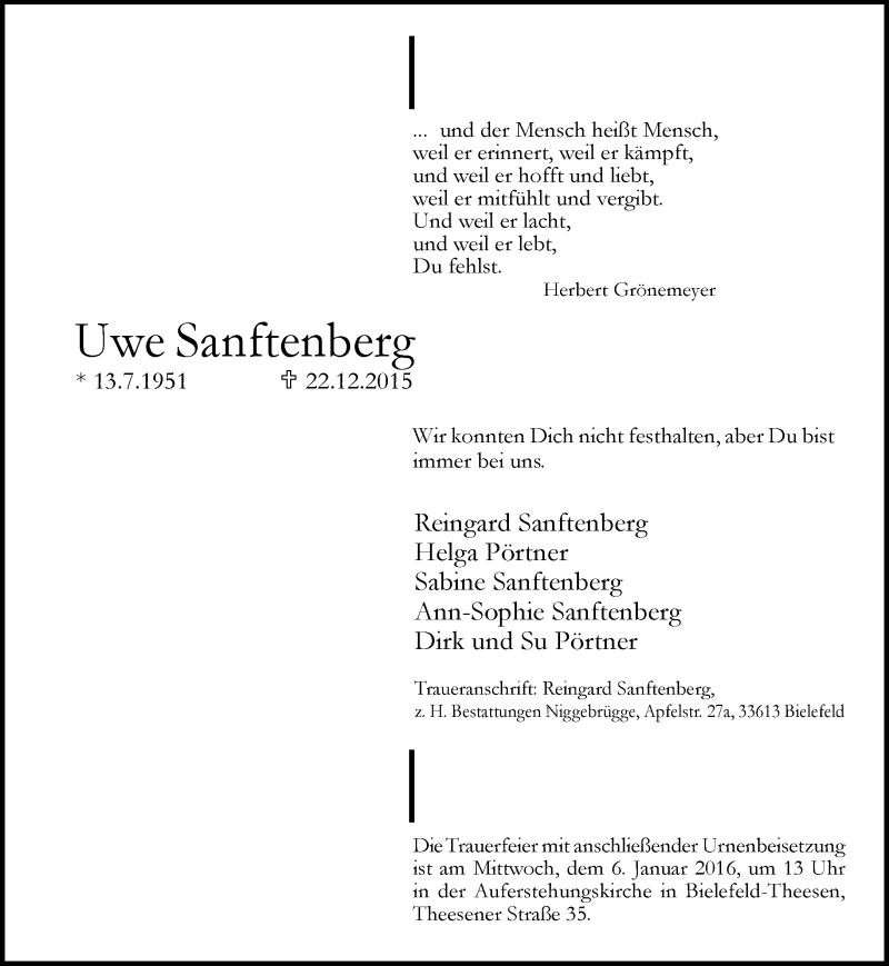  Traueranzeige für Uwe Sanftenberg vom 31.12.2015 aus Neue Westfälische