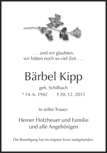 Traueranzeige von Bärbel Kipp von Neue Westfälische