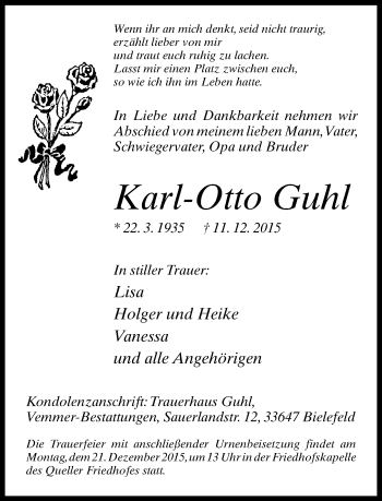 Traueranzeige von Karl-Otto Guhl von Neue Westfälische