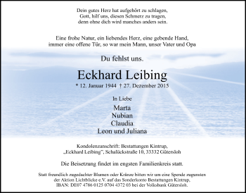 Traueranzeige von Eckhard Leibing von Neue Westfälische