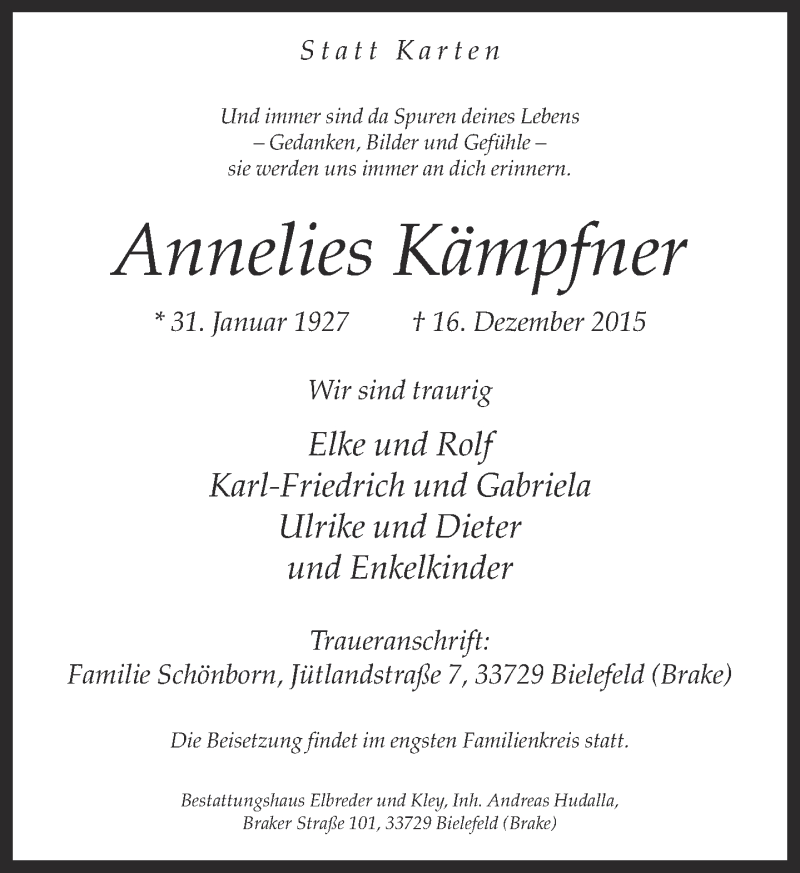  Traueranzeige für Annelies Kämpfner vom 19.12.2015 aus Neue Westfälische