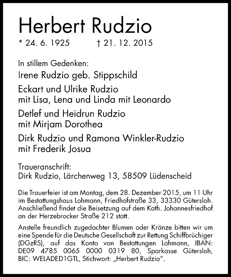  Traueranzeige für Herbert Rudzio vom 23.12.2015 aus Neue Westfälische