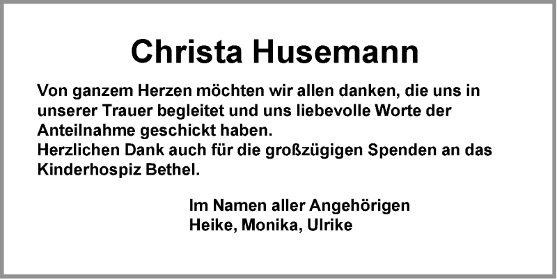  Traueranzeige für Christa Husemann vom 12.12.2015 aus Neue Westfälische