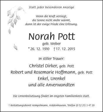 Traueranzeige von Norah Pott von Neue Westfälische