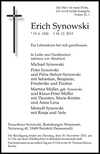 Traueranzeige von Erich Synowski von Neue Westfälische