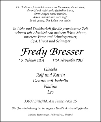 Traueranzeige von Free Bresser von Neue Westfälische