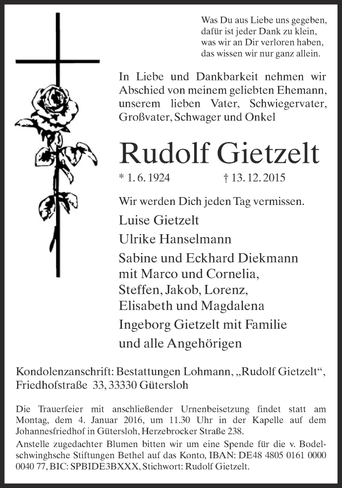  Traueranzeige für Rudolf Gietzelt vom 19.12.2015 aus Neue Westfälische