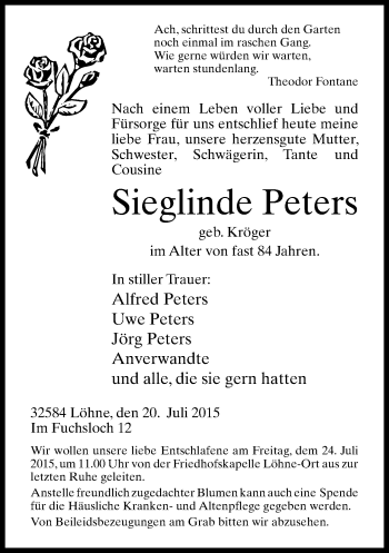 Traueranzeige von Sieglinde Peters von Neue Westfälische