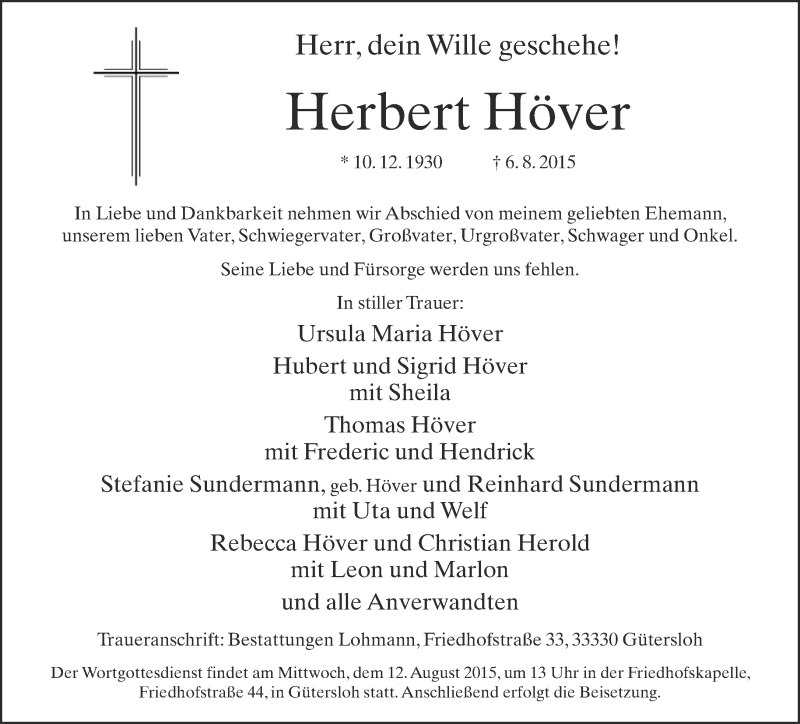  Traueranzeige für Herbert Höver vom 08.08.2015 aus Neue Westfälische
