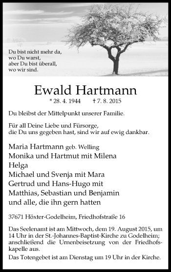 Traueranzeige von Ewald Hartmann von Neue Westfälische