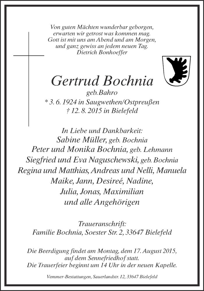  Traueranzeige für Gertrud Bochnia vom 13.08.2015 aus Neue Westfälische