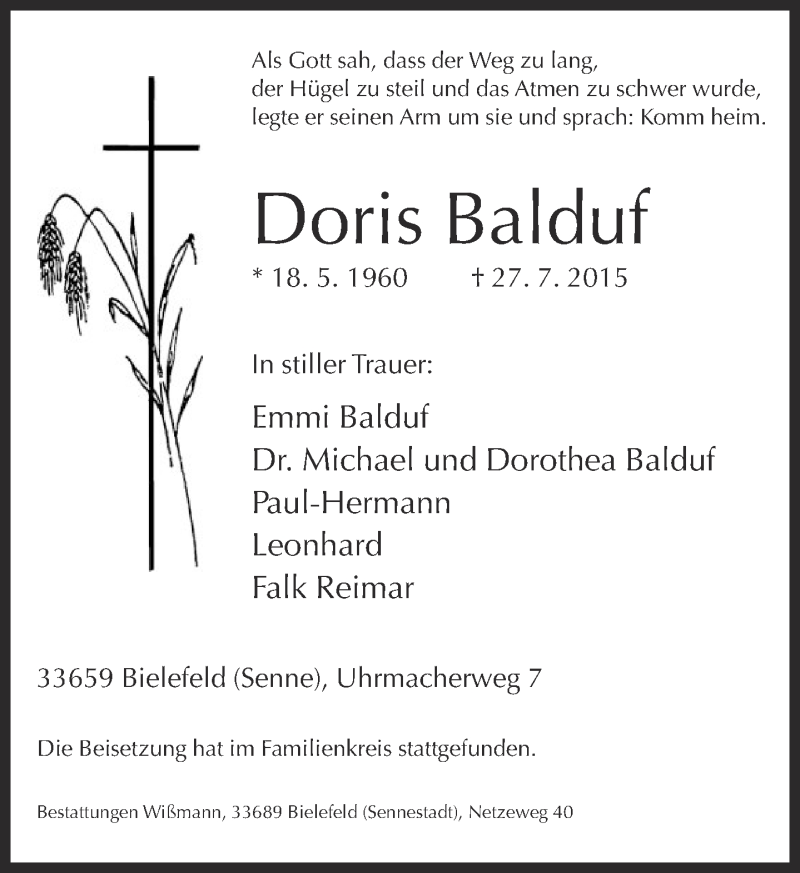  Traueranzeige für Doris Balduf vom 08.08.2015 aus Neue Westfälische