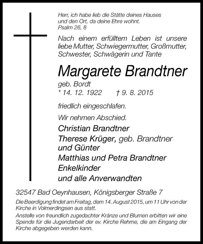  Traueranzeige für Margarete Brandtner vom 12.08.2015 aus Neue Westfälische