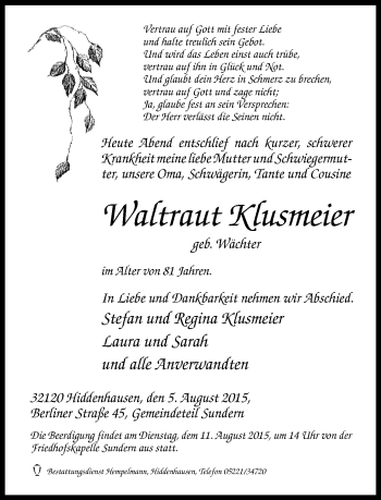 Traueranzeige von Waltraut Klusmeier von Neue Westfälische