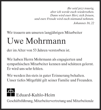 Traueranzeige von Uwe Mohrmann von Neue Westfälische