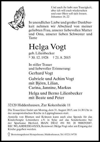 Traueranzeige von Helga Vogt von Neue Westfälische