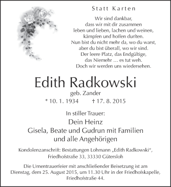 Traueranzeige von Edith Radkowski von Neue Westfälische