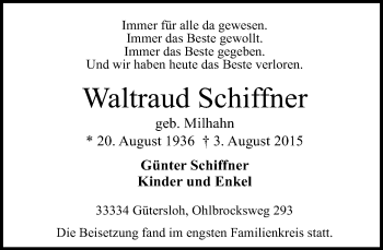 Traueranzeige von Waltraud Schiffner von Neue Westfälische