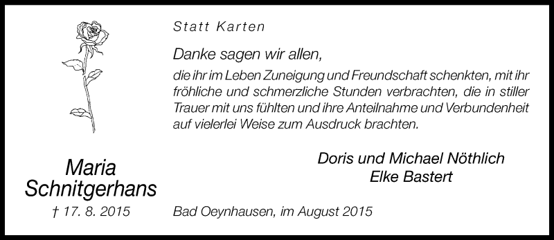  Traueranzeige für Maria Schnitgerhans vom 29.08.2015 aus Neue Westfälische