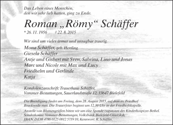 Traueranzeige von Roman Schäffer von Neue Westfälische