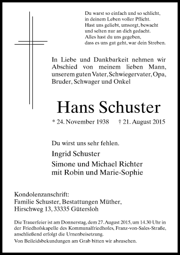 Traueranzeige von Hans Schuster von Neue Westfälische