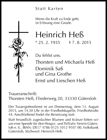 Traueranzeige von Heinrich Heß von Neue Westfälische