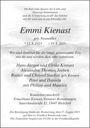 Traueranzeige von Emmi Kienast von Neue Westfälische