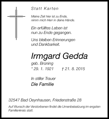 Traueranzeige von Irmgard Gedda von Neue Westfälische