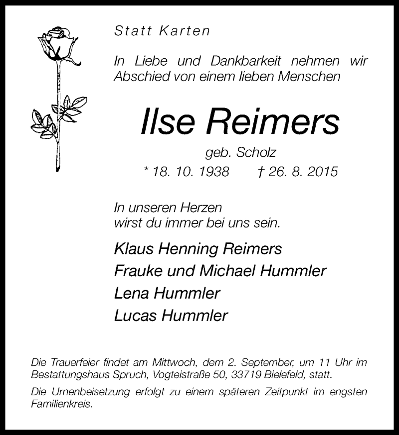  Traueranzeige für Ilse Reimers vom 29.08.2015 aus Neue Westfälische
