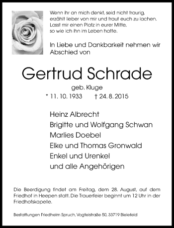 Traueranzeige von Gertrud Schrade von Neue Westfälische