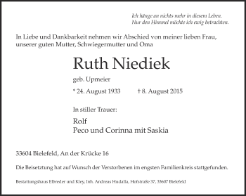 Traueranzeige von Ruth Niediek von Neue Westfälische