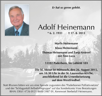 Traueranzeige von Adolf Heinemann von Neue Westfälische