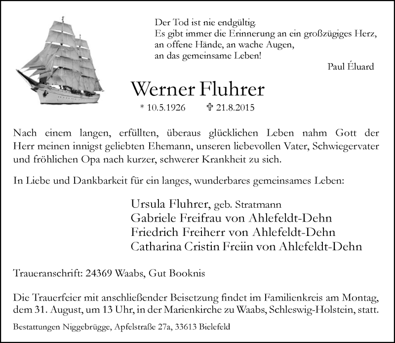  Traueranzeige für Werner Fluhrer vom 24.08.2015 aus Neue Westfälische