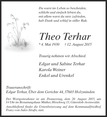 Traueranzeige von Theo Terhar von Neue Westfälische