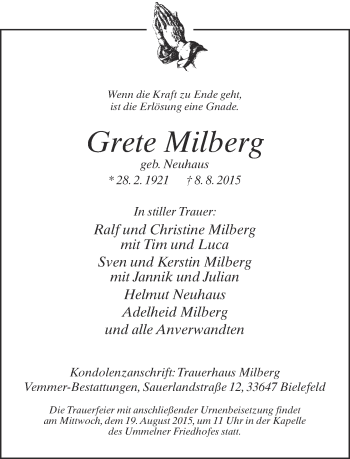 Traueranzeige von Grete Milberg von Neue Westfälische